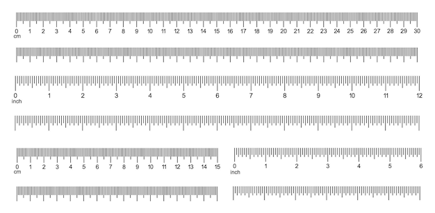 Messdiagramme mit 30 Zentimetern 12 Zoll Horizontalskala mit 6 Zentimeter und 15 Zentimeter Markup und Zahlen Linealen Zoll- und metrische Linealen Vorlage