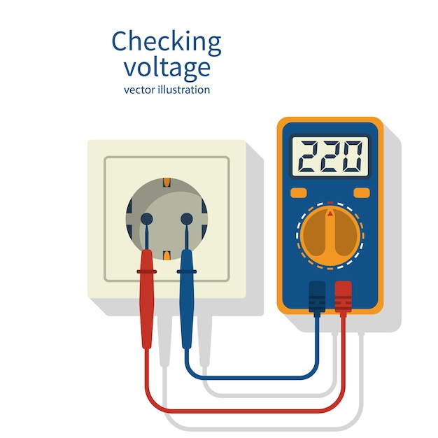 Vektor messen von strom in einer steckdose mit einem multimeter digital-multimeter mit lcd-display 220 spannung vektor-illustration flaches design isoliert auf weißem hintergrund multimeter und steckdose