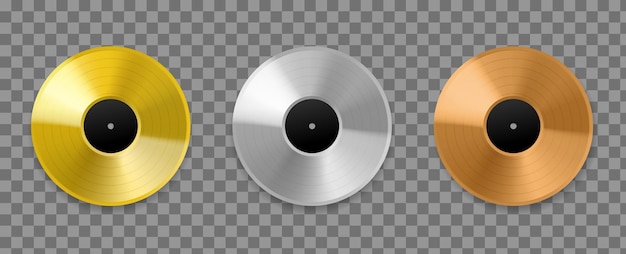 Metall-vinyl-schallplatte realistische goldene bronze- und platin-top-charts audio-discs musikalische auszeichnungen alben lieder und sänger silber- und rotgold-mockup vektor auf transparentem hintergrund