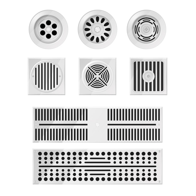 Vektor metallablaufgitter für dusche oder waschbecken, badezimmerboden und küche. realistisches set