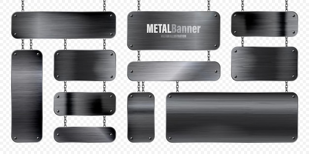 Vektor metallbanner, die an einer kette hängen, realistische glänzende stahlplatte mit geschraubten schwarzen metallschrauben