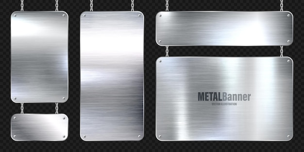 Vektor metallbanner, die an einer kette hängen, realistische glänzende stahlplatte mit schrauben aus poliertem silbermetall