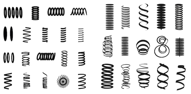 Vektor metallische spiralfeder-auto-motorspule wirbelt silhouette drahtfedern metallische flexible spulen und linie stahl gekrümmte spiral isolierte vektor-ikonen-set