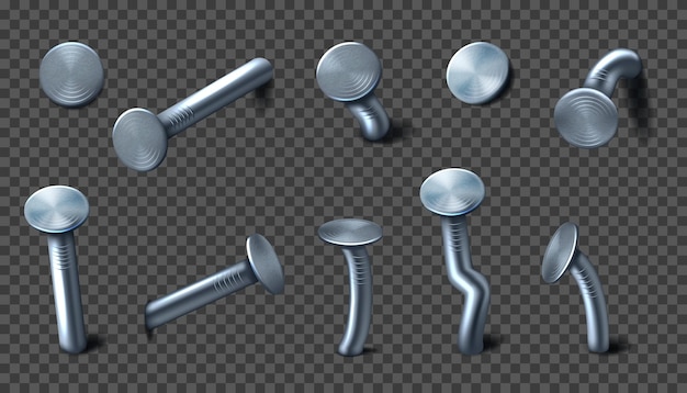 Metallnägel Treiben Sie den Stift mit einem Hammer in die Wand 3D-Eisenspitze Gebogene Stahlstäbe Alte Hardware Realistische metallische Kopf Bawerkzeuge Industrielemente Vektor Tischlerobjekte Set