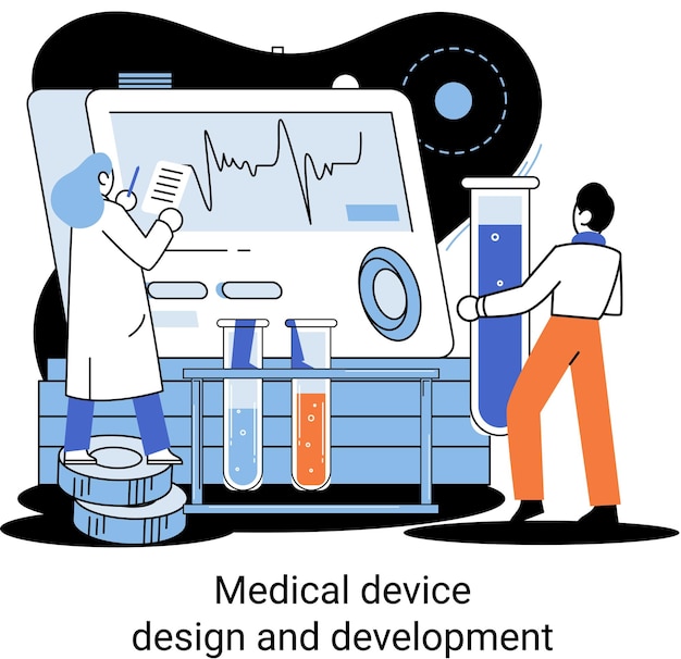 Metapher für design und entwicklung medizinischer geräte mit wissenschaftlern, die forschungsgeräte entwickeln und labordiagnostikdienste, chemiekliniklabore, pharmazeutische forschung experimentieren