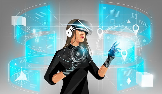 Metaverse digital cyber world technology frau mit virtual-reality-brille mit hologrammdaten