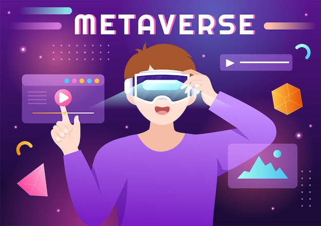 Metaverse digital virtual reality technology trägt vr-brille in handgezeichneter illustration