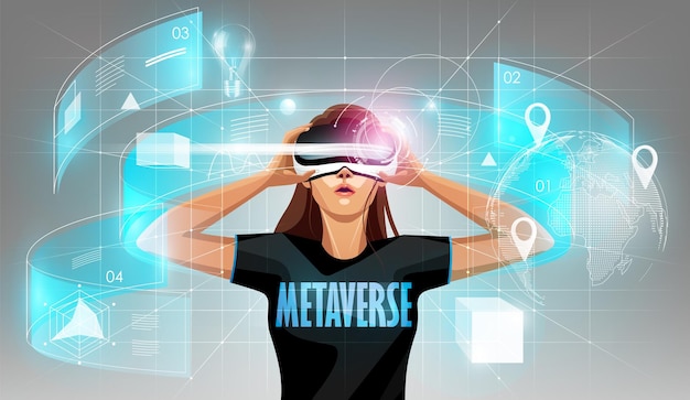 Vektor metaverse digitale cyber-welt-technologie frau mit virtual-reality-brille mit 3d-hologramm