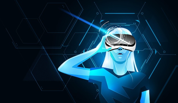 Metaverse digitale Cyber-Welt-Technologie Frau mit Virtual-Reality-Brille Vektorillustration