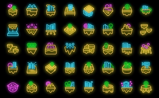 Metaverse-Landsymbole setzen Umrissvektoren. Weltraumverkauf Vr-Marketing in Neonfarbe auf Schwarz