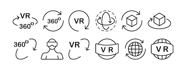 Metaverse-Set-Symbol Anwendungsentwicklung kreisförmiger Pfeil Kreiszeiger 3D-Realität Augmented Reality 360-Grad-Ansicht Virtual-Reality-Konzept Vektorschwarzes Set-Symbol auf weißem Hintergrund
