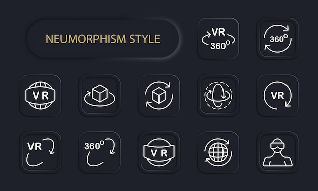 Metaverse-set-symbol mann in 3d-brille planet mit vr-textpfeilen cyberspace cyberpank augmented-reality-helm virtual-reality-konzept neomorphismus vektorliniensymbol