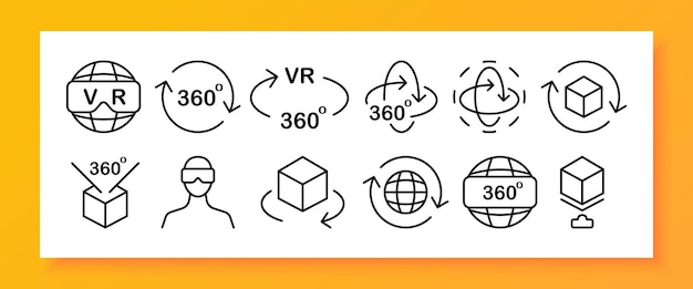 Metaverse-Set-Symbol Mann in 3D-Glas und Helm Anwendungsentwicklung Planet mit vr-Text Pfeil 360-Grad-Anzeige Virtual-Reality-Konzept Vektorliniensymbol für Business und Werbung