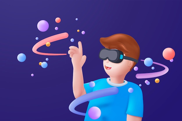 Metaverse Technology Future 3d-Konzept VR-Headset für virtuelle Realität mit schwebenden Objekten zum Spielen eines Videospiels, isolierter blauer Hintergrund 3D-Vektor-Rendering mit futuristischem Metaverse-Konzept