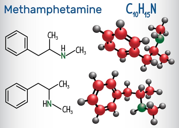 Methamphetamin-Kristall-Meth-C10H15N-Molekül Strukturchemische Formel und Molekülmodell