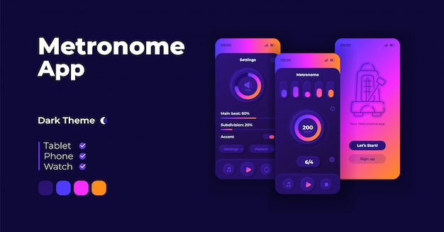 Metronom-anwendungs-cartoon-smartphone-schnittstellenvorlagen festgelegt. mobile app bildschirm seite nachtmodus design. benutzeroberfläche für volumen- und bpm-parameter für die anwendung. telefonanzeige mit flachem zeichen.