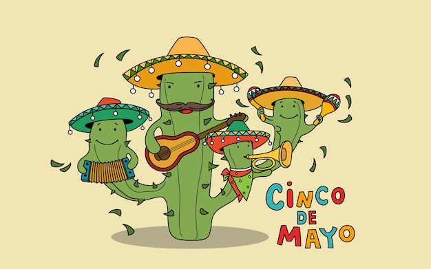 Mexikanische Cinco de Mayo-Feiertags-Fiesta-Party Cinco de Mayo mexikanische Kakteen mit Maracas und Sombrero