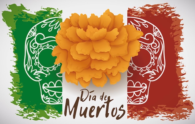 Mexikanische flagge in pinselstrichen für dia de muertos, verziert mit einer ringelblumenblüte und einem totenkopfaufdruck