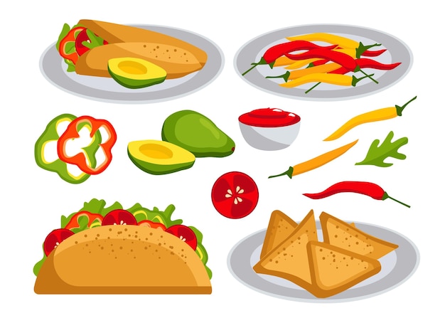 Mexikanische küche. taco, burrito, avacado, pfeffer, tomate, nachos, sauce. flache artillustration