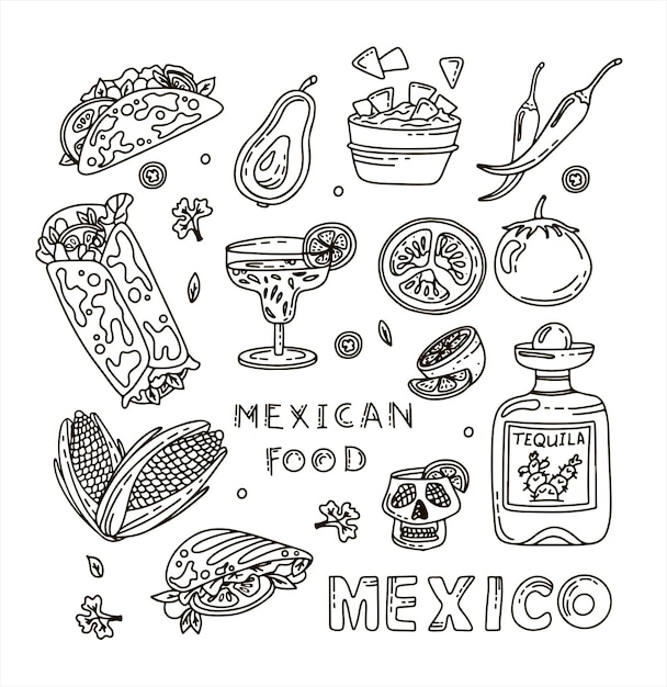 Mexikanische Küche Vektor Doodle Food Set national scharfes Essen Fast Food Snacks Skizze Illustration für ...