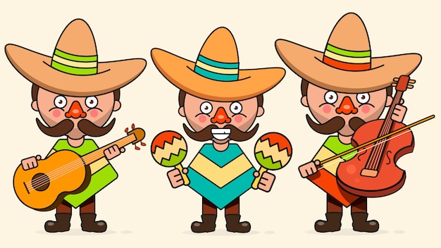 Mexikanische musiker-vektor-illustration mit drei männern mit gitarren in der gebürtigen kleidung und im sombrero-flachen vektor