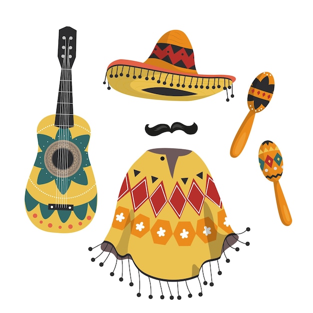 Mexikanische musikinstrumente, ein nationaler poncho und ein hut.
