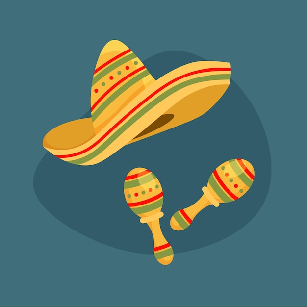 Vektor mexikanische nationale sombrero-hut und maracas vektor-illustration im trendigen flachen stil
