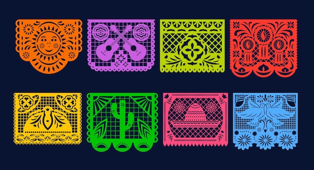 Vektor mexikanische papel picado-papierschnitt-flaggen-vektorsatz