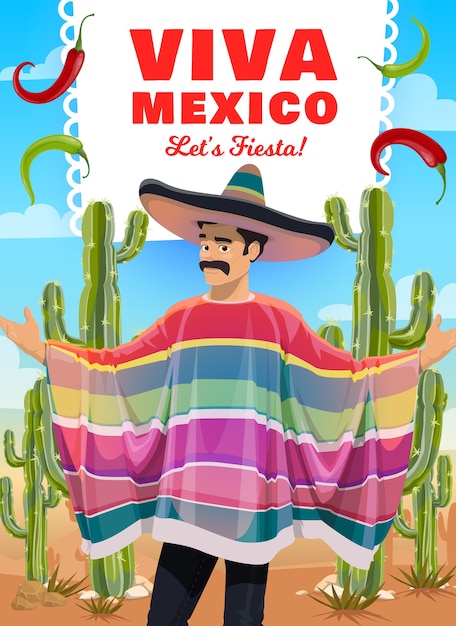 Mexikanischer mann in sombrero und poncho,