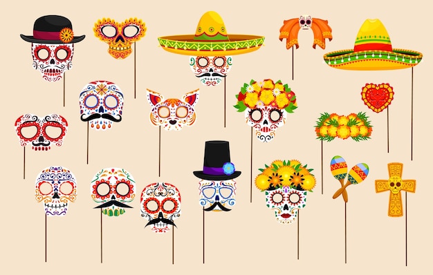 Mexikanischer tag der toten foto-booth-masken mit requisiten dia de los muertos urlaub zucker und tier schädel sombrero schnurrbart catrin und gitarre party-maske vector karneval calavera maracas kreuz und herz