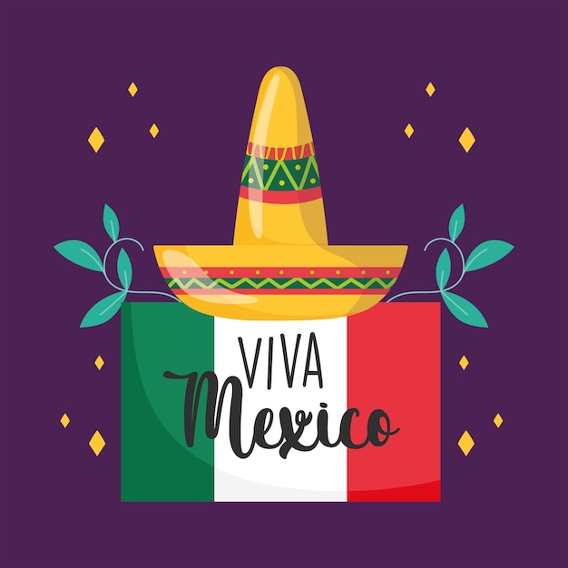 Mexikanischer unabhängigkeitstag, hutflaggenblumendekoration, viva mexico wird auf septemberillustration gefeiert