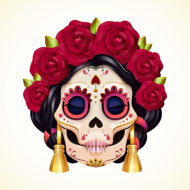 Mexikanischer weiblicher schädel 3d-tag toter catrina frau skelett dia de muertos gesichtsmake-up für halloween feiern festival kostüm im zucker schädel-stil genaue vektor-illustration