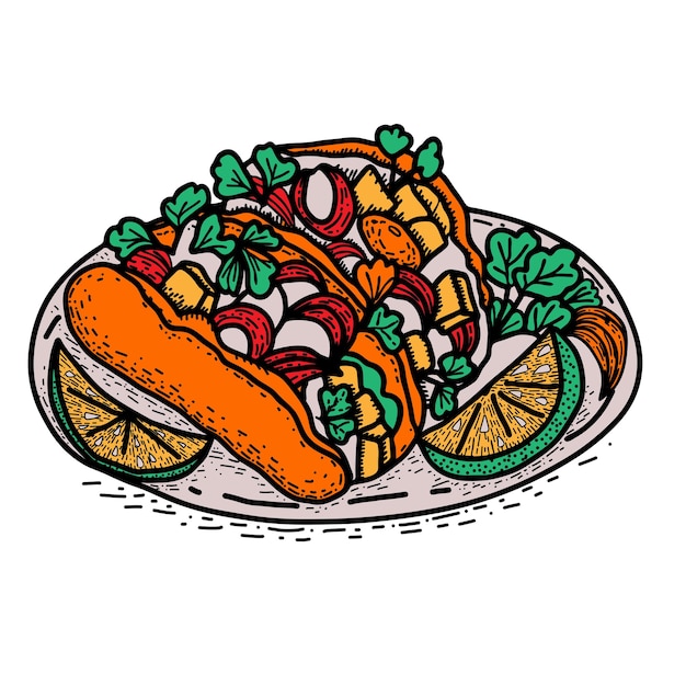 Mexikanisches Essen Castacan Tacos Handgezeichnete Vektorgrafik im Doodle-Stil