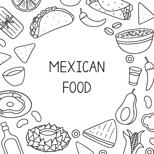 Vektor mexikanisches essen doodle set mexikanische küche burrito taco nachos im skizzenstil handgezeichnete vektorgrafik isoliert auf weißem hintergrund