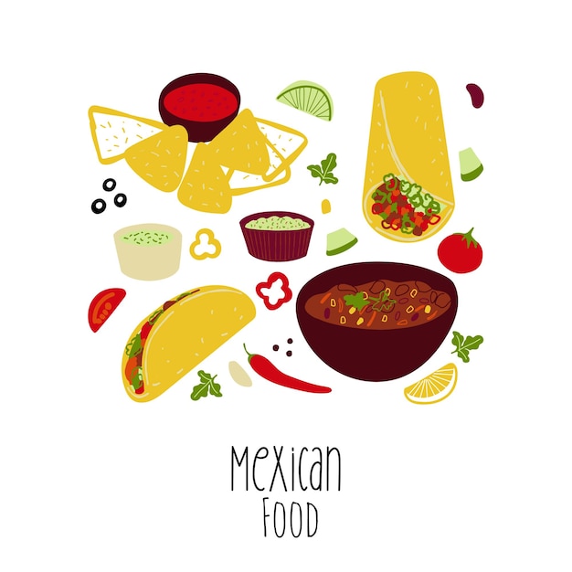 Mexikanisches essen illustration tacos burrito chili con carne nachos ...