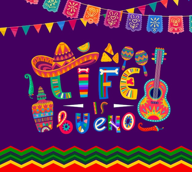 Mexikanisches zitatbanner „life is bueno“, farbenfroher und lustiger
