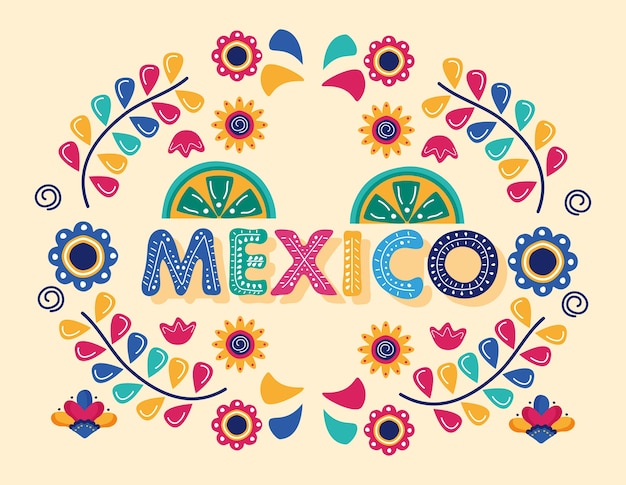 Mexiko feier tag schriftzug mit zitronen und blumen