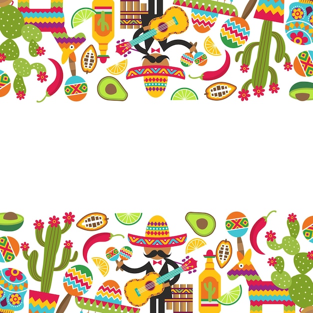 Mexiko Hintergrund authentische Dekorationssymbole mexikanischer Sombrero Gitarre Kaktus und Techila mit Kalkvektorvorlage