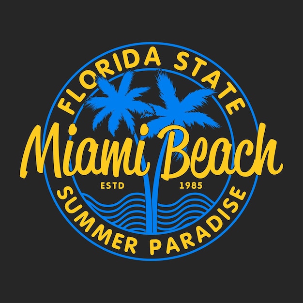 Miami beach florida state typografie für design-kleidung t-shirts mit palmen und wellen