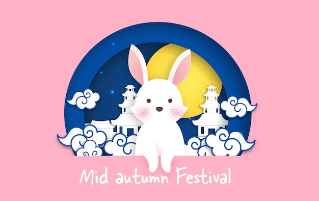 Mid autumn festival banner mit niedlichen kaninchen im scherenschnitt-stil.