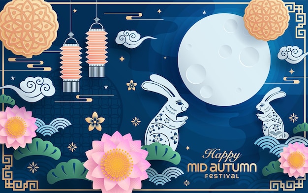 Mid autumn festival papierkunststil mit vollmond und kaninchen im hintergrund