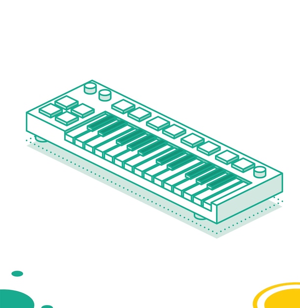 Vektor midi-tastatur mit pads und fadern isometrisches umrisskonzept