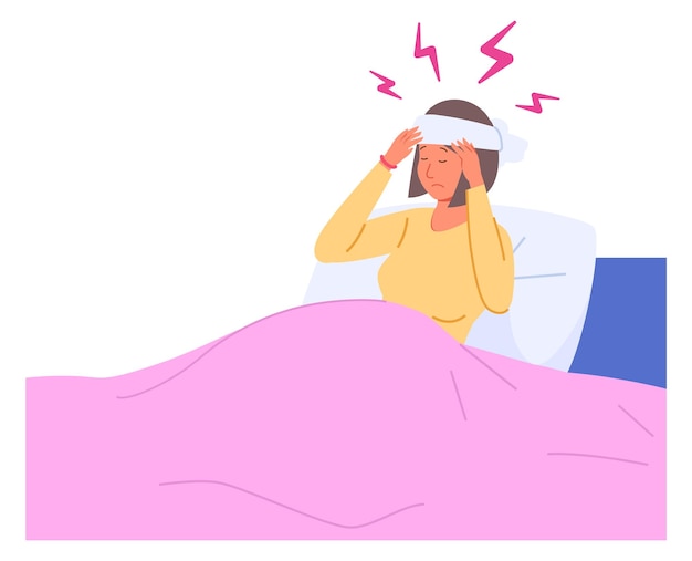 Migräne-konzept frau liegt mit kopfschmerzen im bett