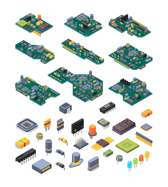 Vektor mikrochip-hardware herstellung von computer power green motherboards mit kleinem chip für elektronische geräte grelle vektorisometrische illustrationen