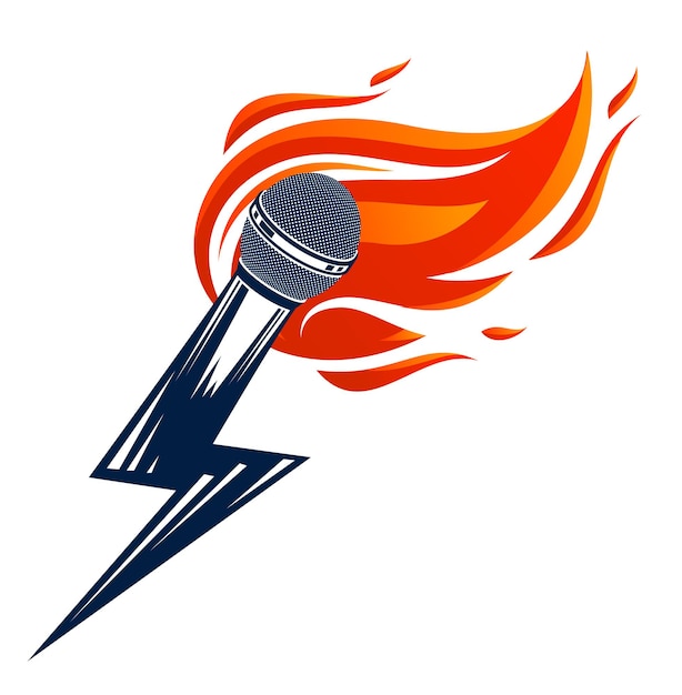 Mikrofon in brand und form von blitzen, heißes mikrofon in flammen und bolzen, aktuelles nachrichtenkonzept, rap-battle-reimmusik, karaoke-gesang oder standup-comedy, vektorlogo oder illustration.