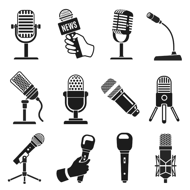 Mikrofon-Silhouette. Moderne und alte Vintage-Mikrofonsymbole. Musik- oder Podcast-Aufnahme. Logoelement für Karaoke- und Radiosendungsvektorsatz. Illustrationsmikrofon für Karaoke und Radio