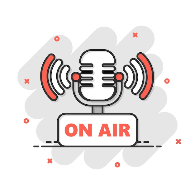 Mikrofon-Symbol im Comic-Stil Live-Broadcast-Vektor-Cartoon-Illustration auf weißem, isoliertem Hintergrund On-Air-Business-Konzept-Splash-Effekt