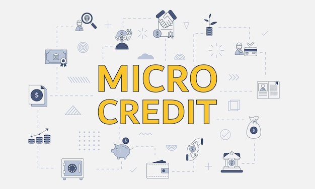Mikrokreditkonzept mit symbolsatz mit großem wort oder text in der mitte