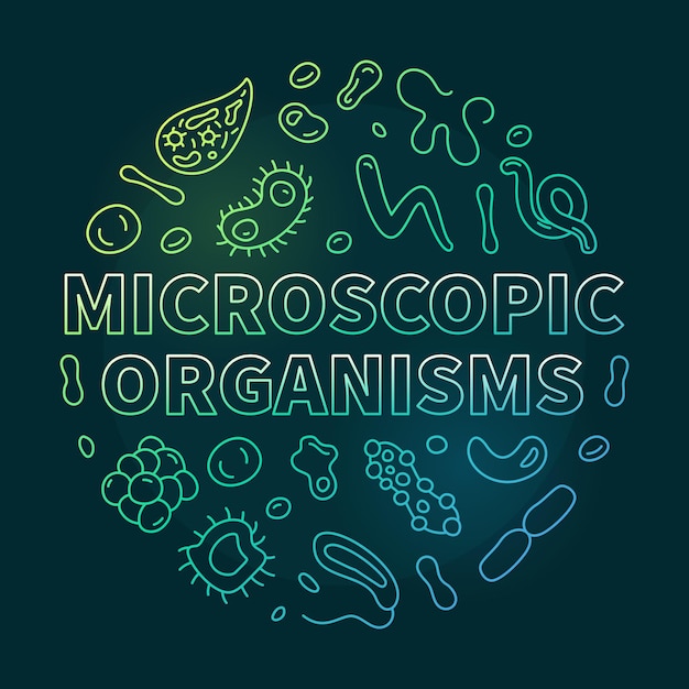 Mikroskopische Organismen Vektor Bakteriologie-Konzept dünne Linie grünes rundes Banner Abbildung von Mikroorganismen mit dunklem Hintergrund