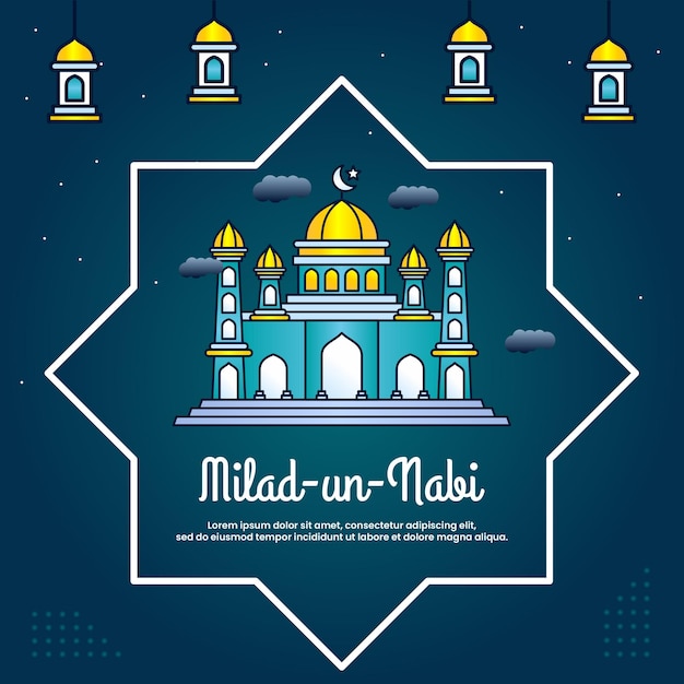 Milad un nabi mubarak festivalgruß mit moscheenhintergrund